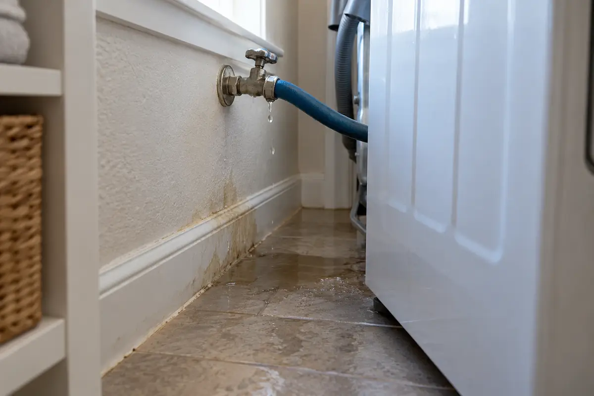 Washing machine water supply leak wetting a laundry room wall and baseboard