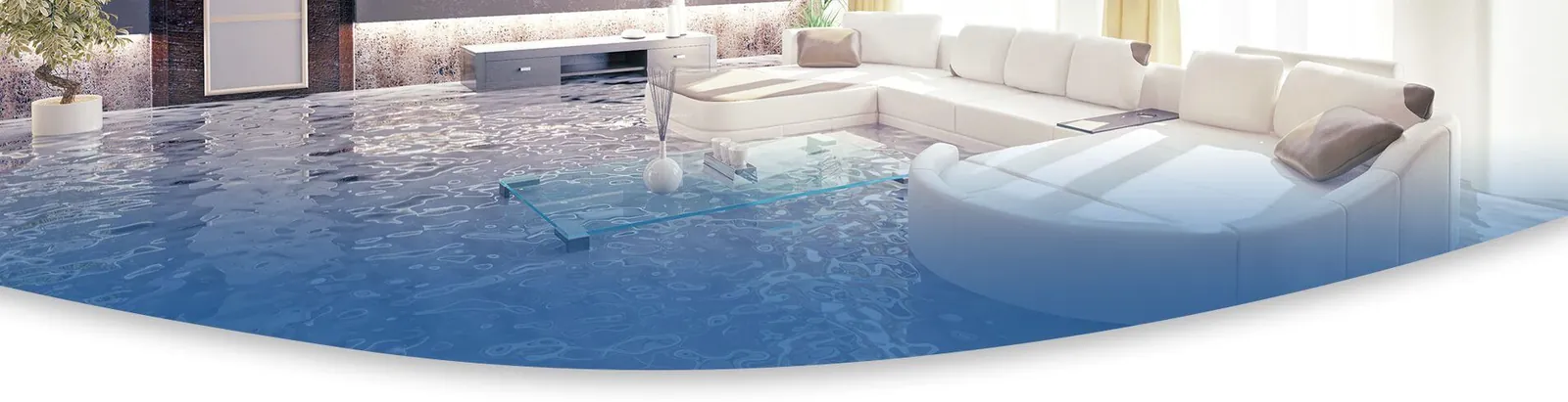 Illustration of standing water spreading across a living room floor and around furniture