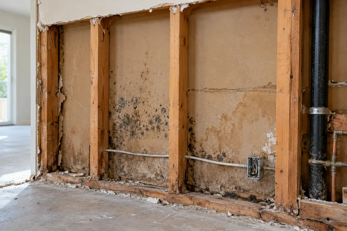 Hidden mold growth on drywall backing and wood framing inside a water-damaged wall