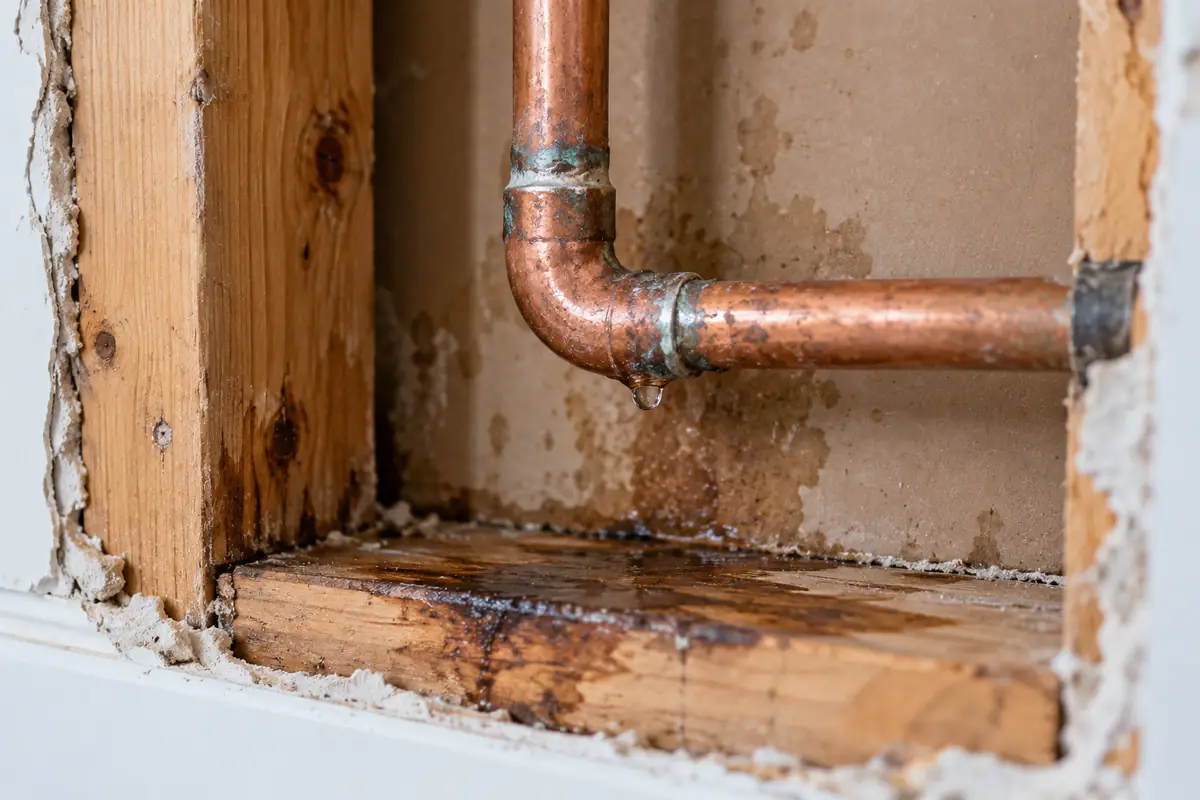 Leaking copper pipe causing hidden water damage to wood framing inside a wall