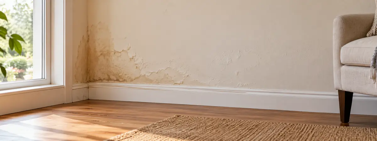 Water damage warning signs with stained drywall and bubbling paint above a baseboard