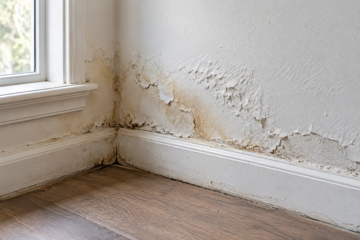 Signs of moisture behind walls including peeling paint, water stains and damaged baseboards
