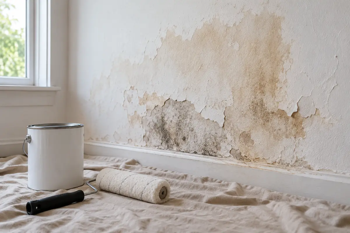 Paint supplies beside mold spots and water-damaged drywall needing moisture repair