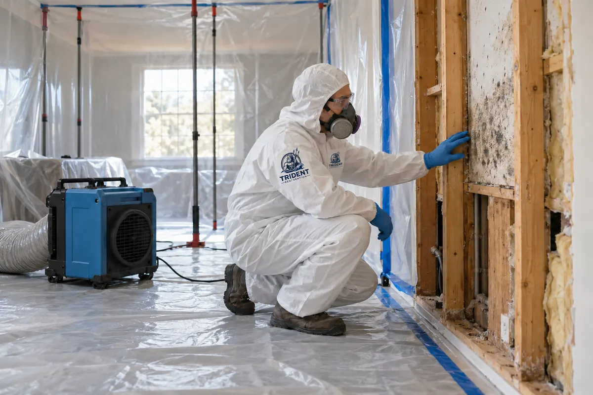 Trident Restoration technician inspecting mold behind drywall inside protective containment
