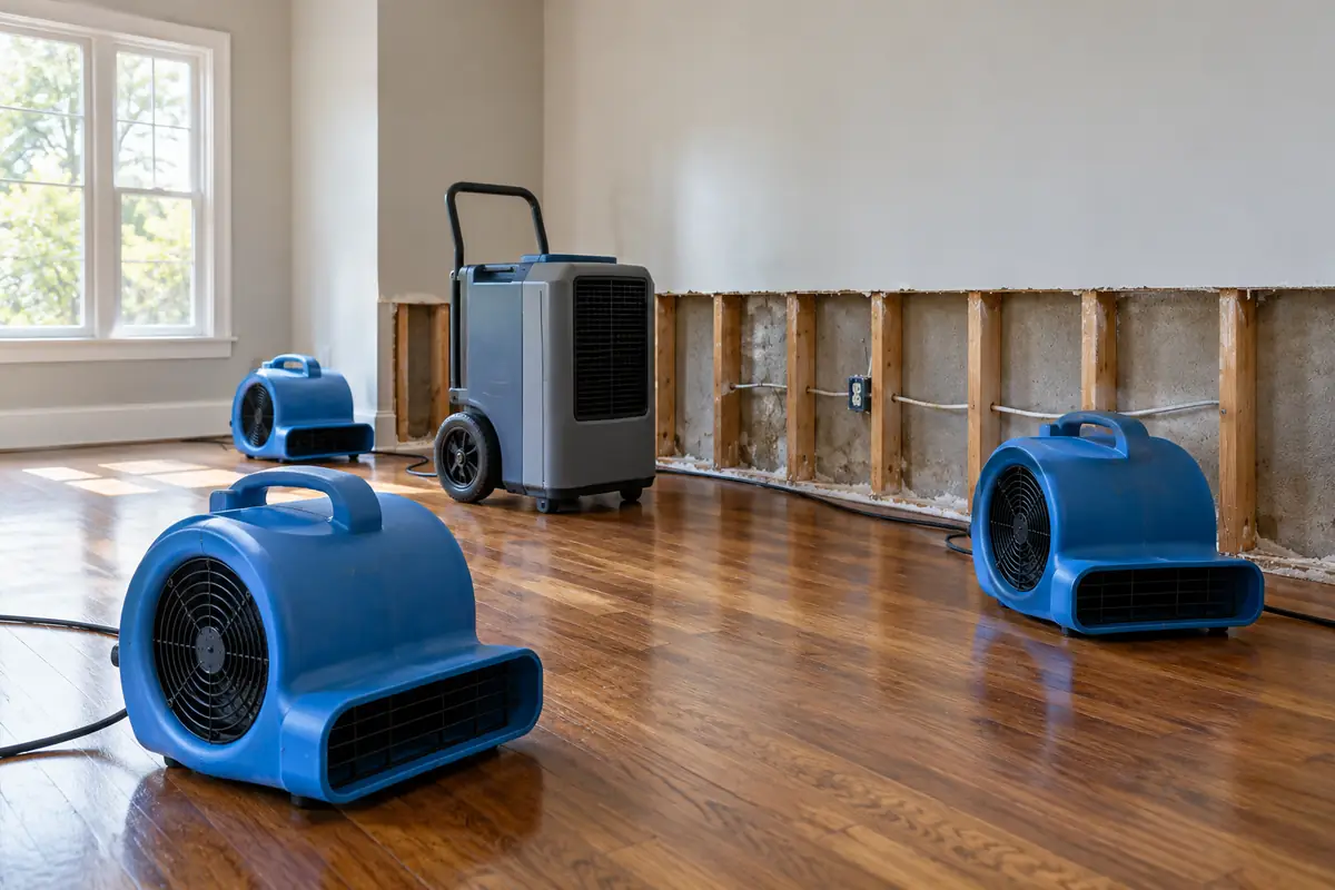 Structural drying equipment removing moisture after water damage to walls and flooring