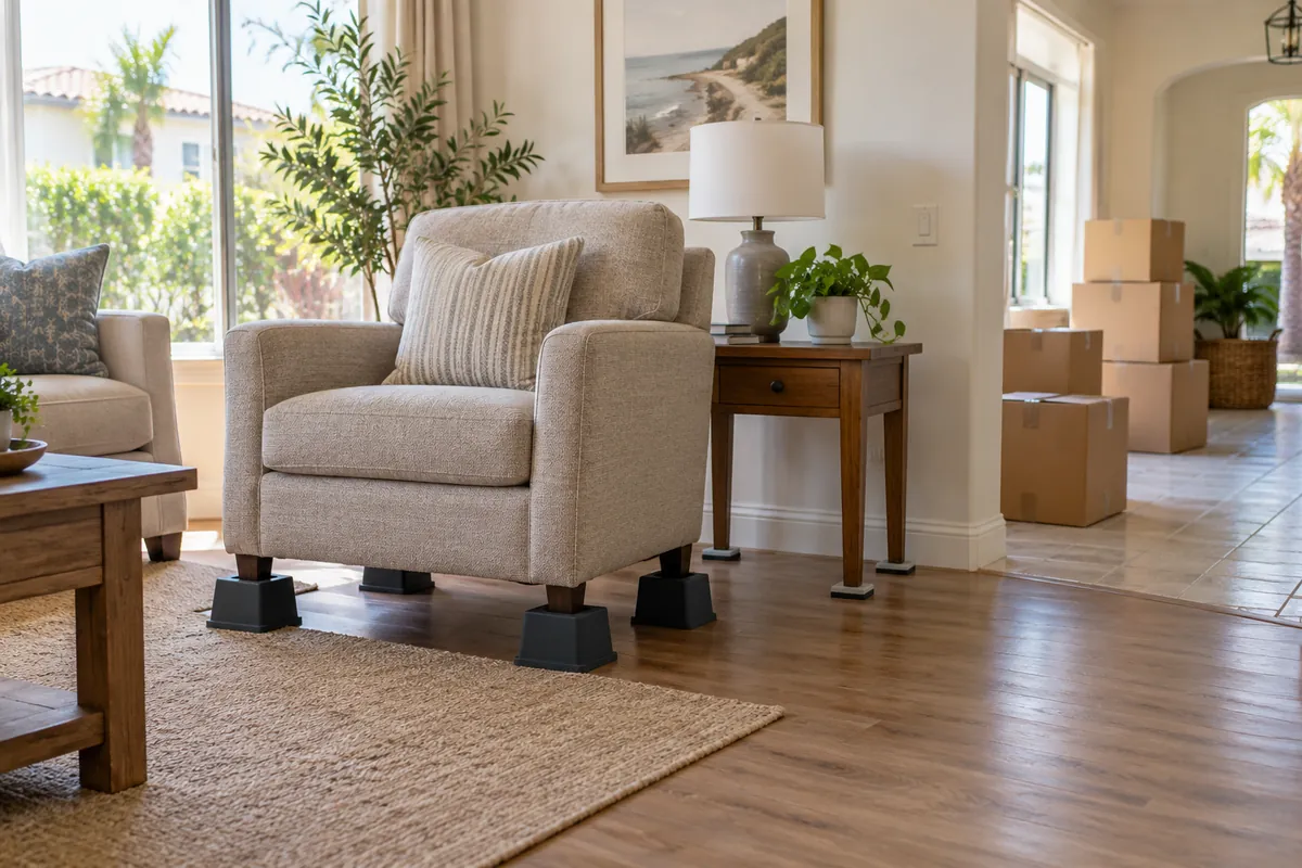 Armchair elevated on protective blocks with packed belongings staged in a dry adjoining room