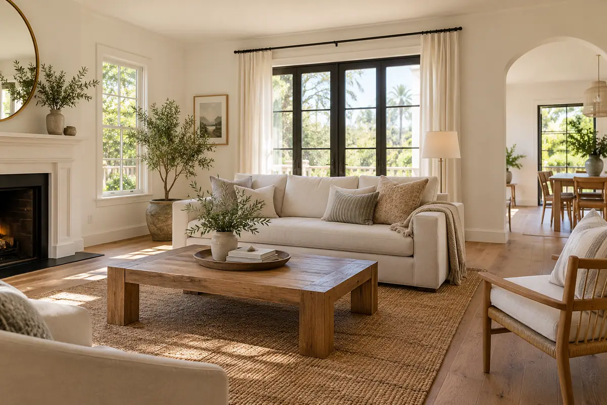 Restored living room with repaired walls and flooring after water damage and mold remediation