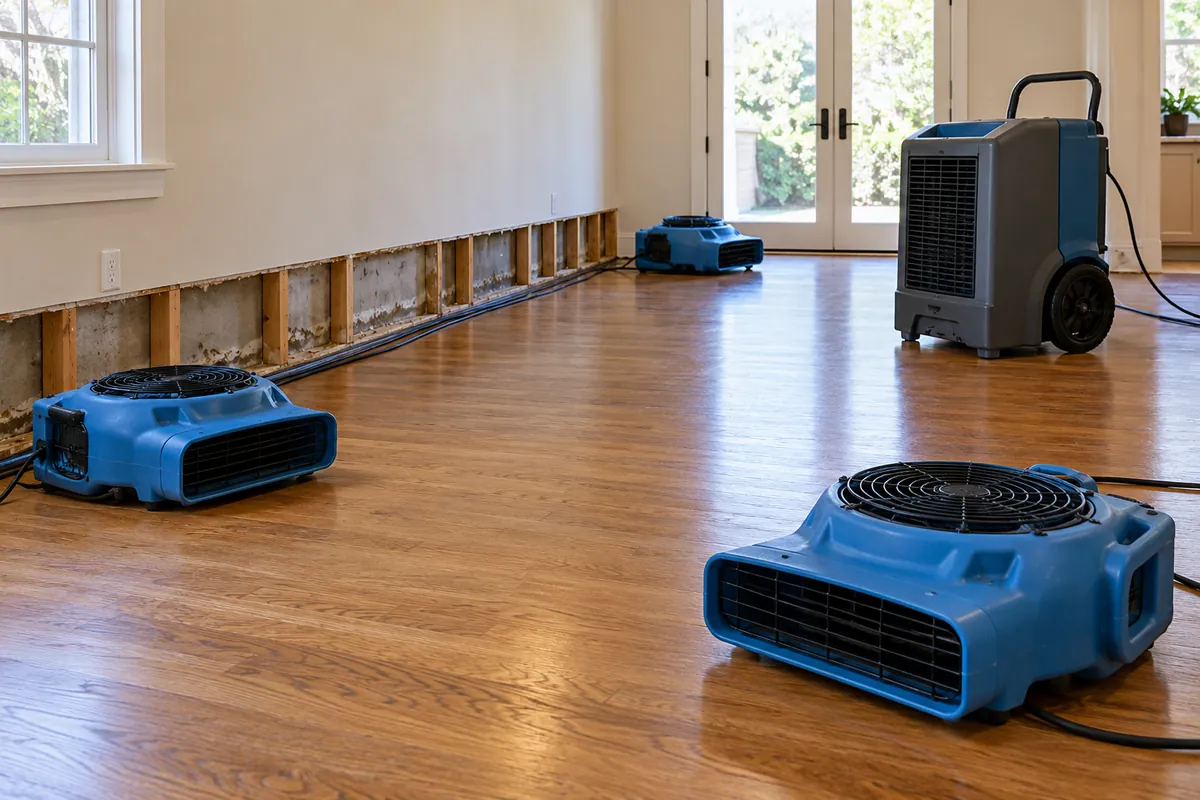Air movers and a commercial dehumidifier drying a wood floor beside an opened wall base